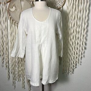 FLAX White Linen Pleat Front Quarter Sleeve Tunic Top Size Oversized Small